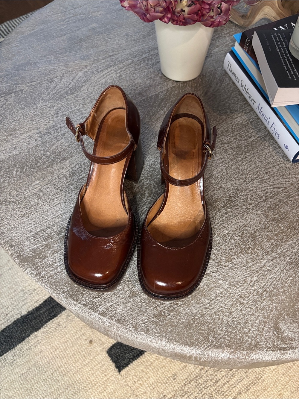 Women’s Brown Patent Mary Jane Block Heel Pumps with Ankle Strap - Picture 2 of 4